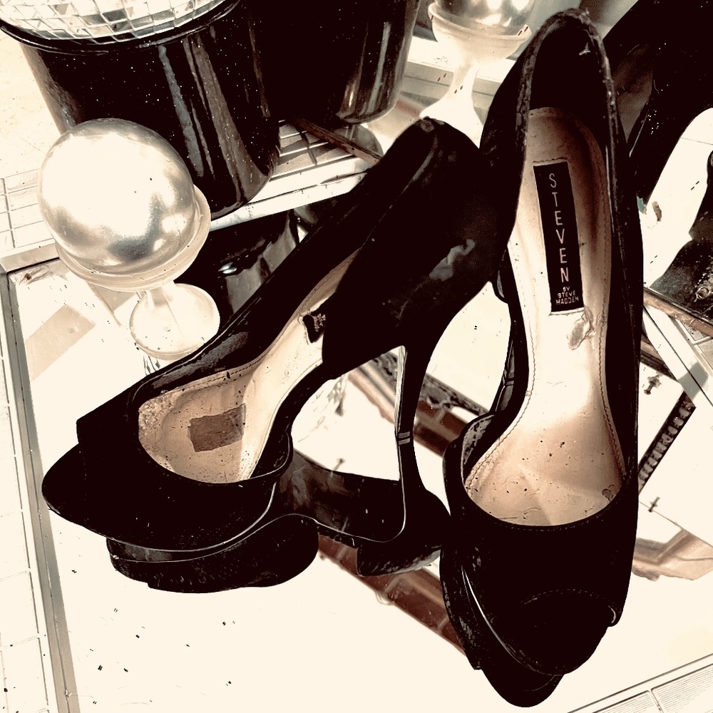 Black faux snakeskin 7” peep-toe black suede stilettos